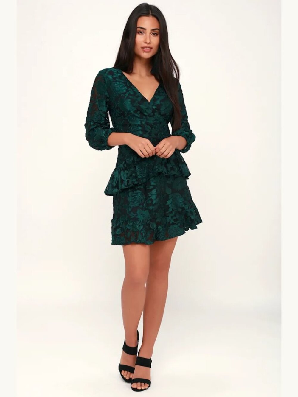 Lulus New Journey Forest Green Burnout Velvet Floral Print Dress Size L
